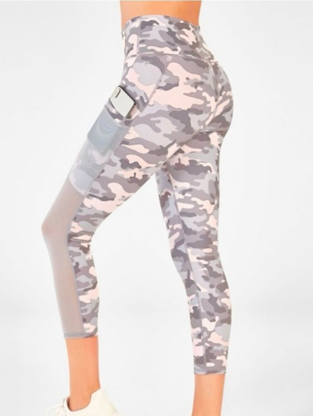 Fabletics On-The-Go PowerHold® Pink & Grey Camo High-Waisted Capri Women's Large